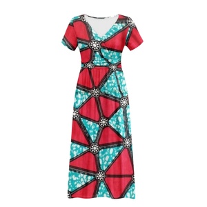 Vendita calda disegno geometrico su misura abiti <span class=keywords><strong>lunghi</strong></span> a <span class=keywords><strong>maniche</strong></span> <span class=keywords><strong>corte</strong></span> africano stampa cera abiti da donna per occasioni speciali - Product Image 1