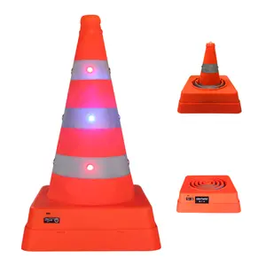 Custom 18 inch reflective road traffic cones USB recharge eyelet lamp warning collapsible safety cone with flashing light