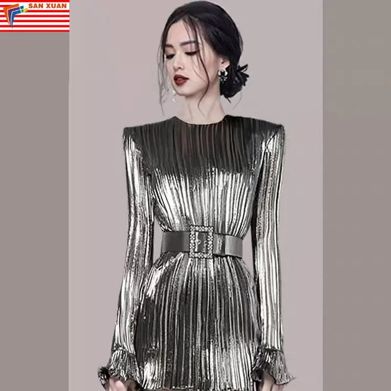 2023 spot new products elegant casual wear design avant-garde cool technology light silver long-sleeved short dresses