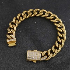 Pulsera de eslabones cubanos para hombre, cadenas de acero inoxidable, joyería de Miami, chapado al vacío en oro de 18K PVD, botón de diamantes de circonita. - Product Image 3