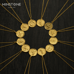 2022 nuovo <span class=keywords><strong>segno</strong></span> <span class=keywords><strong>zodiacale</strong></span> moneta girocollo in rilievo astrologia astrologia 14K regalo placcato in oro per le donne braccialetto fatto a mano collana vintage - Product Image 2