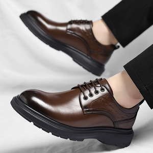 Chaussures Richelieu en cuir pour hommes, bout rond, à lacets, semelle souple en caoutchouc, pour mariage, couleur unie, automne, tenue de ville formelle - Product Image 4