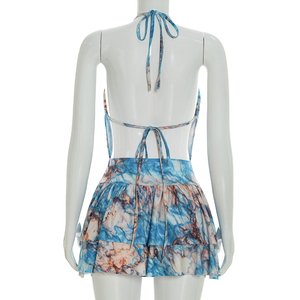 วิวิบลุค D26ST069 ชุดผู้หญิงฤดูร้อนใหม่พิมพ์ลายผูกเชือกแขนกุดเสื้อครอปแต่งระบายกระโปรงมินิชุดสองชิ้น - Product Image 5