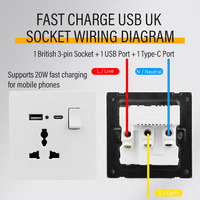 Prise murale JINMAI.CO Royaume-Uni 13A avec USB Type-C, panneau de prise électrique multifonction encastré, prise de charge murale pour la maison