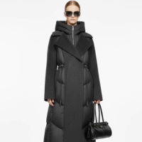 Veste d'hiver QLYP tendance, nouvelle veste longue en laine et patchwork à carreaux, avec fermeture éclair, taille cintrée, capuche et col montant