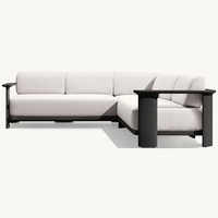 Canapé d'extérieur modulaire RH Dune Teak en forme de L, avec coussins en tissu crème sur structure en teck massif, ensemble de patio moderne