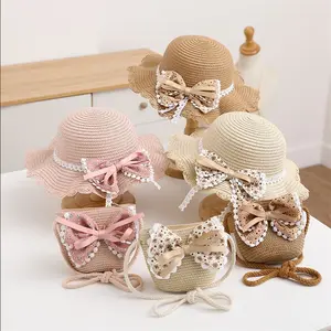 New Fashion Toddler Kids Girls Spring Summer Holiday Beach Ruffles Lace Beading Straw Hat With Bag