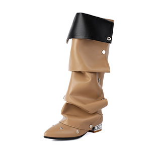 Kış ayakkabı özel artı boyutu 48 <span class=keywords><strong>Metal</strong></span> perçinler siyah pileli üst daireler kare topuklu geniş Fit kadınlar diz yüksek uzun çizmeler - Product Image 2