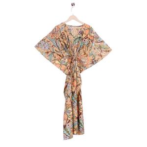 Kaftan en coton tissé à la main pour femmes, imprimé floral doux, coupe ample, tenue décontractée d'été - Product Image 1