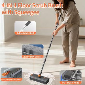 Stainless Steel Floor Cleaning <b>Brush</b> Silicone Scraper Strip Bristles Bathroom <b>Brush</b> Long Handle Adjustable Angle - Product Image 5