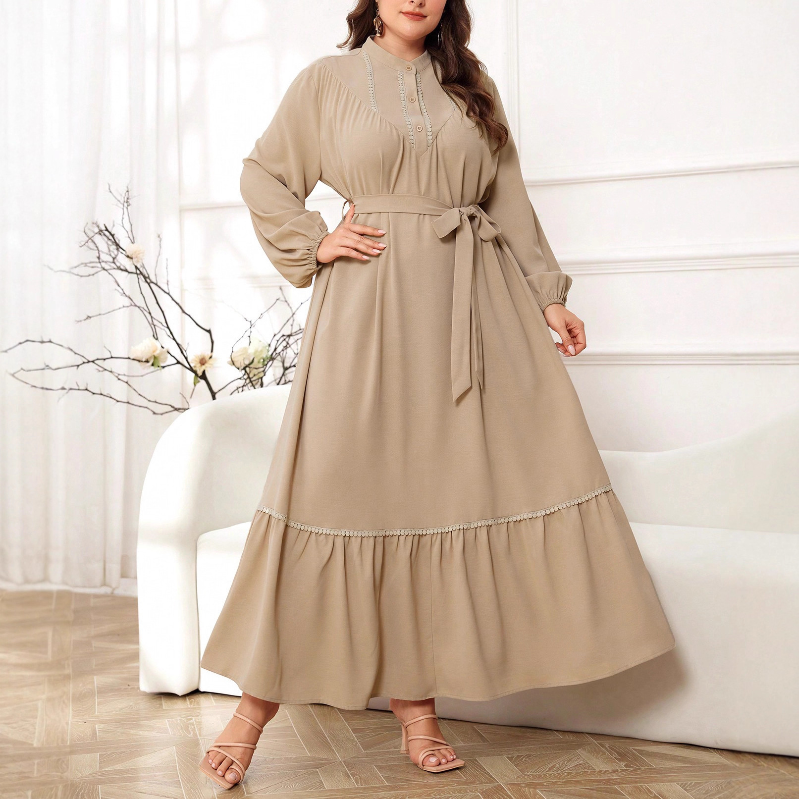slimming empire waist dress QS-2684 Plus-Size Elegant Simple Solid Color Women New Autumn Collection Loose Over-the-Knee Dress empire waist dresses Pink Boucle Sleeveless Mini Collectible wash separately a few Color:Light Coffee