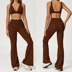 ブラッシュドファブリックナイロンスパンデックス弾性圧縮ヨガセットブラ + フレアパンツ2個セットジムフィットネスハイインパクトスポーツブラ + レギング - Product Image 1