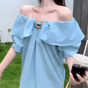 Ropa de mujer, moda de verano, informal, Color sólido, cuello oblicuo, para mujer, temperamento que combina con todo, cárdigan holgado versátil de manga corta - Product Image 1