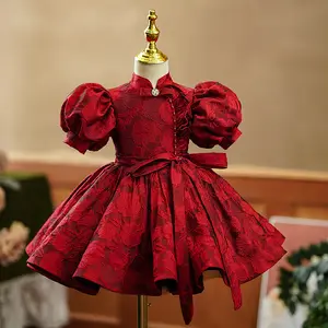 New Arrival Girls Fashion Puff Sleeve Dress Big Children Chinese Style Embroidery Flowers Princess Dress