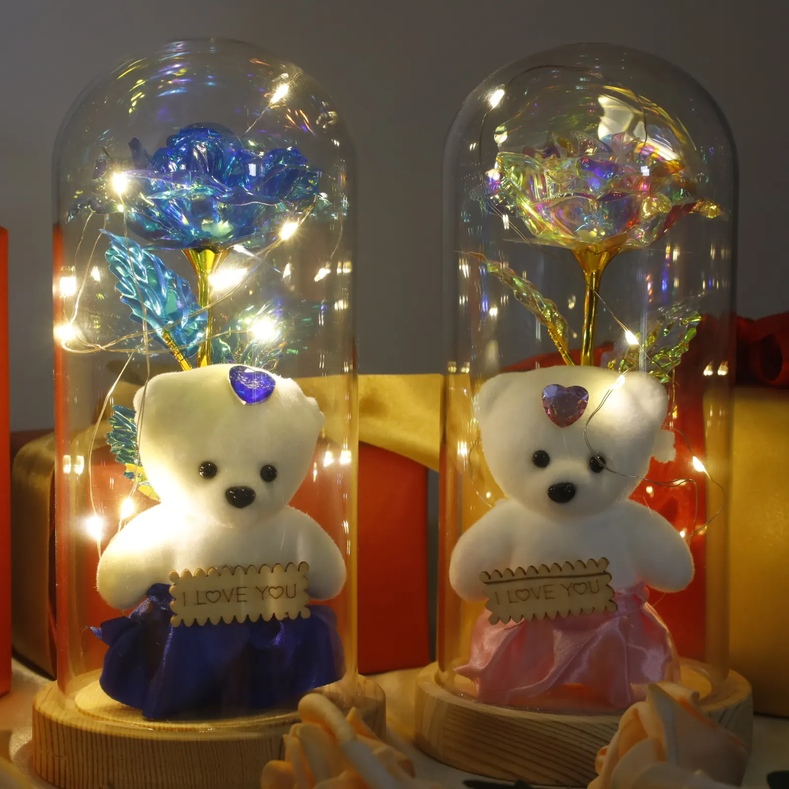 2024 Día de San Valentín Regalo romántico Cubierta de vidrio Nightlight Doll Elegante Decoración de mesa Artesanías de vidrio
