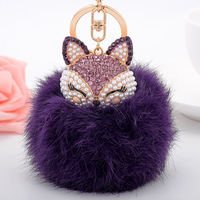 Porte-clés Tête de Renard en Strass avec Pompon en Fourrure de Lapin Moelleuse, Breloque de Sac en Alliage de Zinc, Pendentif pour Clé de Voiture, Accessoires en Gros