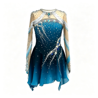 Robe de patinage artistique à manches longues et dos nu, dégradé bleu et blanc, avec strass en maille pour enfants et adultes, pour les compétitions sur glace
