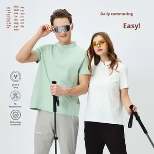 Camiseta de Secado Rápido con Protección Solar, Tecnología Negra, para <span class=keywords><strong>Hombre</strong></span> y Mujer, Verano, Aire Libre, Viajes, Senderismo, Estilo Vintage, Corte Ajustado, Cuello Corto - Product Image 1