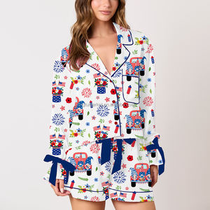 Independence Day Fourth of July <strong>Patriotic</strong> Firework Print Bow TIe Long Sleeve Shirt <strong>Shorts</strong> Two Piece Pajama Set Women - Product Image 5