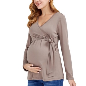 Chemisier et chemise d'allaitement en <span class=keywords><strong>coton</strong></span> à manches longues et col en V de couleur unie - Product Image 1