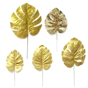 V614 Mix Artificial Plants Palm Leaves Plastic Gold Tropical Party Leaves Wedding Decorations Simulated Golden Turtle Leaf