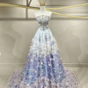 JFH91 ชุดเดรสออกงานกลางคืนผ้าชีฟองสีออมเบรสวยงาม คอทรงเรือ ประดับคริสตัล ลูกปัด แต่งลายพิมพ์เอวทรงธรรมชาติ ทรงเอไลน์ - Product Image 1
