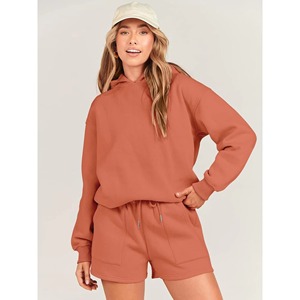 Ensemble court en polaire à capuche pour femme, couleur unie, coupe ample, décontracté, deux pièces, tenue de short, toutes saisons, qualité supérieure 280 g/m² - Product Image 3