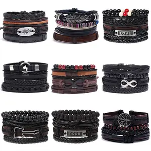 Pulseiras masculinas vintage de couro, pulseira trançada multicamada com estampa de estrela, folha, árvore da vida, conjunto de pulseiras