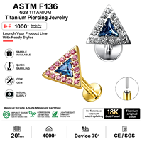 Clous d'oreille en titane G23 ASTM F136 en forme de triangle avec pavé de zirconium cubique, plaqué or 18 carats, piercing labret hélix sans filetage à poussoir pour cartilage