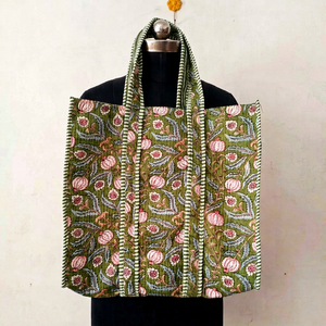 Traditional Green Cotton Tote Bag with Floral Print Bohemian Style <b>Summer</b> Casual Open Top Shopping <b>Handbag</b> for Women - Product Image 1