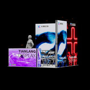 Stand d'exposition personnalisé en forme de cube avec éclairage sur quatre côtés, mur arrière entièrement illuminé avec graphique artistique en néon en forme de croix, vague violette - Product Image 1