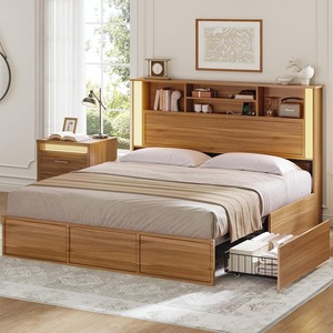 Base <span class=keywords><strong>de</strong></span> <span class=keywords><strong>Cama</strong></span> Queen Size <span class=keywords><strong>de</strong></span> Madera <span class=keywords><strong>con</strong></span> 4 Cajones <span class=keywords><strong>de</strong></span> Almacenamiento, Cabecera <span class=keywords><strong>con</strong></span> 3 Niveles <span class=keywords><strong>de</strong></span> Almacenamiento, Estación <span class=keywords><strong>de</strong></span> Carga y Luces LED para Dormitorio u Hotel - Product Image 1