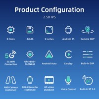 Autoradio Android 15 universel 9 pouces avec écran, CarPlay sans fil, Android Auto, navigation GPS, WiFi et Bluetooth
