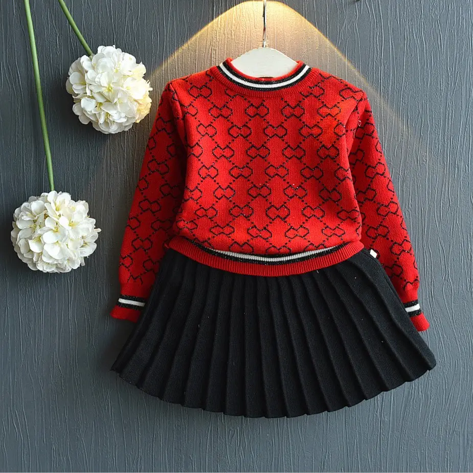 New Style 2021 Spring Autumn Custom Print Kids 2 Piece Sets Sweater Pleated Skirt Set For Little Girls
