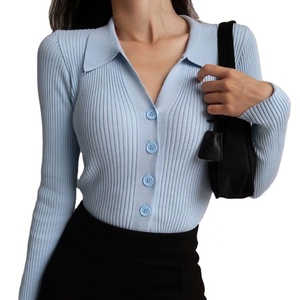 Suéter de Punto para Mujer, Otoño-Invierno 2024, Nuevo Estilo, Cuello Camisero con Botones, Manga Larga, Corte Ajustado y Color Sólido - Product Image 1