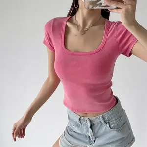Wholesale Spring And Summer New Style T Shirt Washed Square Collar Short Sleeve Tee slim fit T Shirt Women's Crop Top