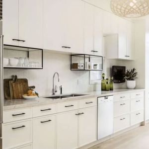 Armoires de cuisine en bois massif de style moderne de luxe avec robinet en contreplaqué traité acrylique, glissière de tiroir, panier de tiroir, design de dosseret - Product Image 1