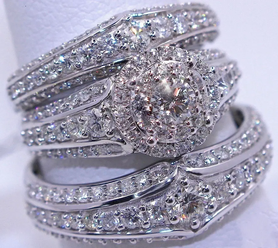luxury eternity alloy silver Wedding engagement 3 cubic zircon diamond ring set for women