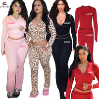 Ensemble de vêtements pour femmes avec logo personnalisé, pantalon évasé à imprimé léopard, veste à capuche courte, ensemble à capuche en deux pièces, vêtements de détente, ensembles en deux pièces pour femmes