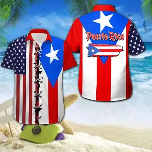 American Puerto Flag Pattern Chemise Hawaii pour homme avec boutons Chemises hawaïennes d'été Chemise oversize décontractée