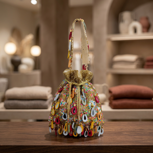 Pochette d'épaule perlée à pompons doux avec franges, faite à la main, élégante pour soirée, motif doré et multicolore - Product Image 3