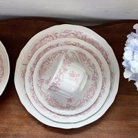 Service de table en céramique rond à motif végétal rétro français - Assiette, bol, tasse à café et soucoupe compatibles micro-ondes pour mariage/anniversaire