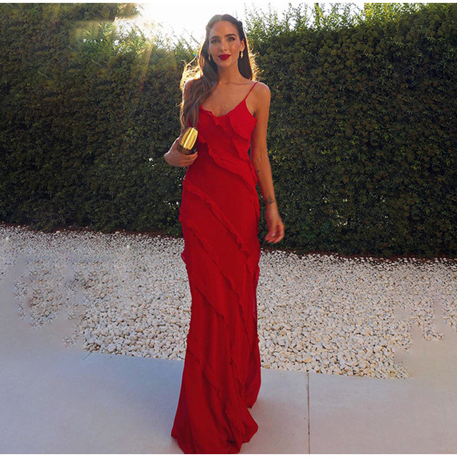 2024 Women's Elegant Chiffon Maxi Dress Red Backless Split Sexy Vestido for Wedding Parties Y2K Style Ruffles Solid Summer Long