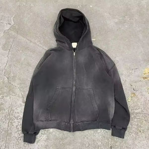 Sudadera con Cremallera de Algodón 100% de Alta Calidad, Estilo Urbano, Vintage, Doble Capa, Lavado Ácido, Efecto Desgastado, con Bolsillos - Product Image 1