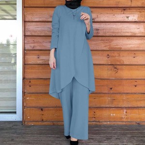 Muslim Islamic Clothing Elegant Abaya Solid Color Round Neck Midi <b>Dress</b> Pants Casual Loose Solid Color Two-Piece Abaya Suit Set - Product Image 3