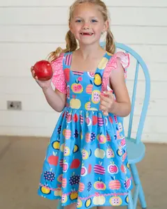 Abiti da bambina per bambina con maniche a volant estive personalizzati Boutique di recente arrivo stampa di mele abiti per bambini di ritorno a scuola blu chiaro
