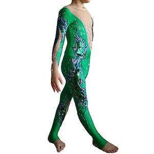 LIUHUO Green &amp; Blue Rhinestone <strong>Acrobatic</strong> Dance Unitard One-Shoulder Sequin Pattern Girls' Competition Performance <strong>Costume</strong> - Product Image 2