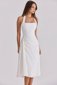 Robe décontractée quotidienne pour <span class=keywords><strong>femme</strong></span>, minimaliste et élégante, sans manches, col halter <span class=keywords><strong>carré</strong></span>, dos noué avec nœud, froncée sur le côté, taille haute, <span class=keywords><strong>coupe</strong></span> fluide évasée - Product Image 2
