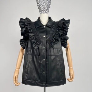 Gilet en similicuir noir à volants pour <span class=keywords><strong>femme</strong></span>, veste <span class=keywords><strong>sans</strong></span> manches en PU, vente directe d'usine - Product Image 3