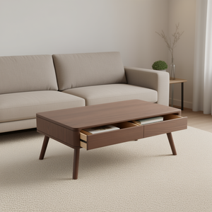 Table basse en bois de chêne massif couleur noyer, style moderne du milieu du siècle, avec tiroir de rangement, meuble de salon, utilisation domestique, montage facile - Product Image 2